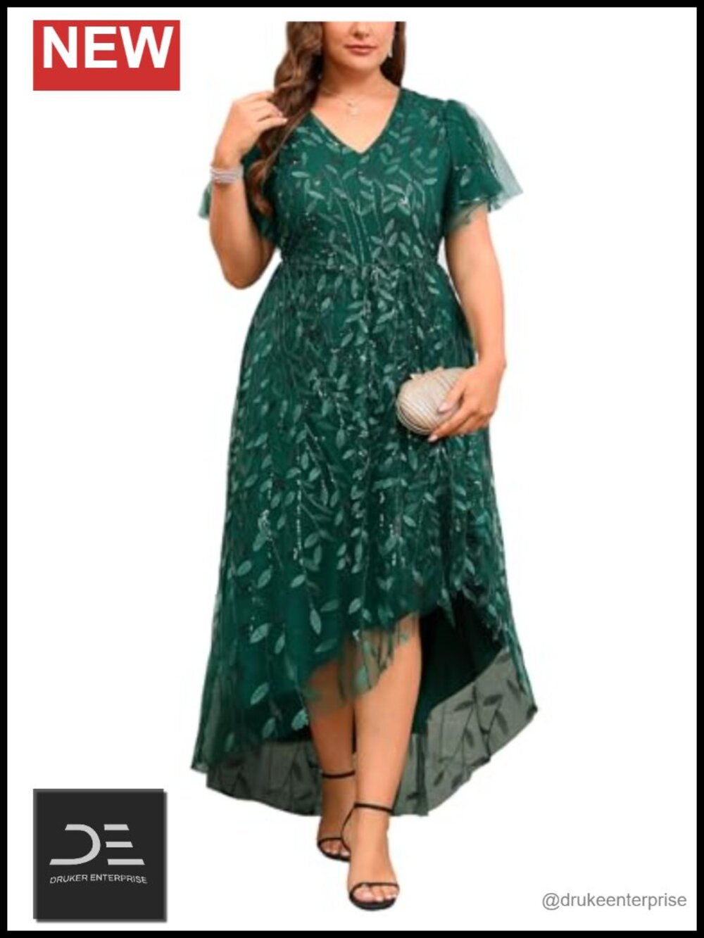 Plus Size Sequin Embroidery Tulle Formal Maxi Prom A-Line Dress with Side Slit